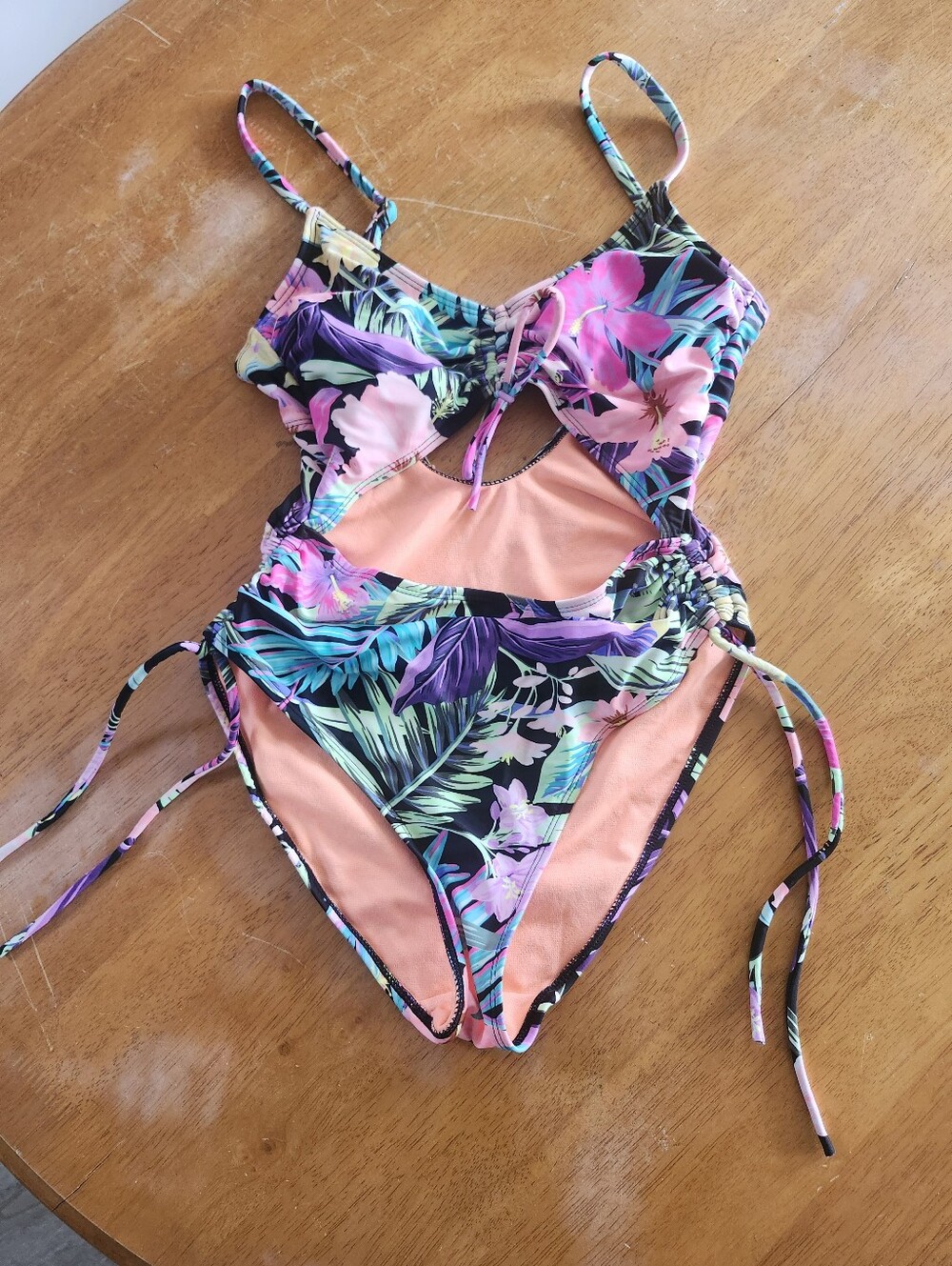 Tropical Floral Cutout One-Piece Swimsuit - Pink/Peach, Medium
